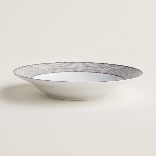 Hermès Mosaique Au 24 Platinum Round Deep Platter shown on table | Kneen & Co