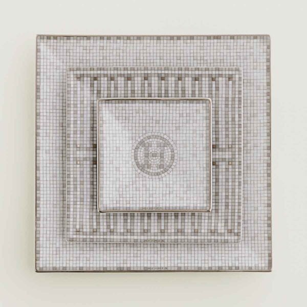 HERMES-DNRWR-Mosaique-au24Platine-035047P-worn-1-1200x1200px-100KB Hermès Mosaique au 24 Platinum Square Plates - Set of 3 | Kneen & Co