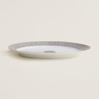 Hermès Mosaique Au 24 Platinum Large Oval Platter shown on table | Kneen & Co