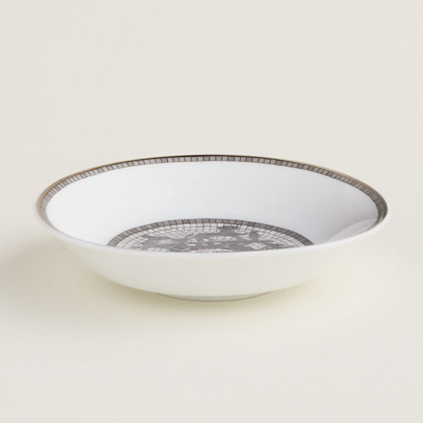 HERMES-DNRWR-Mosaique-au24Platine-035086P-worn-3-1200x1200px-100KB Hermès Mosaique Au 24 Platinum Oriental Soy Dish shown on table | Kneen & Co