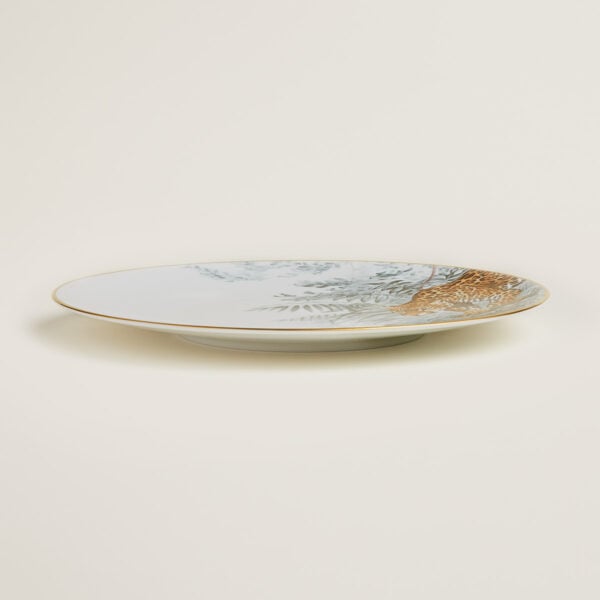 Hermès Carnets d'Equateur Jaguar Dinner Plate shown on table | Kneen & Co