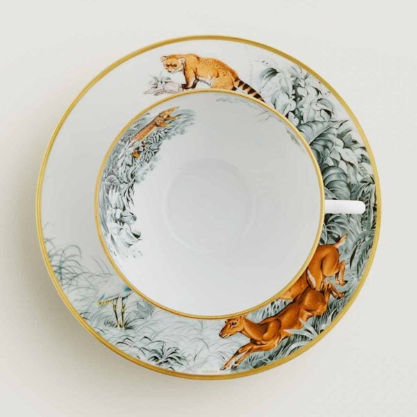 HERMES-DNRWR-carnets-dEquateur-038015P-worn-4-1200x1200px-100KB Hermès Carnets d'Equateur Breakfast Cup and Saucer shown on table | Kneen & Co