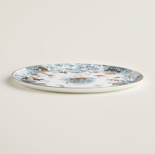 Hermès Carnets d'Equateur Large Round Platter shown on table | Kneen & Co