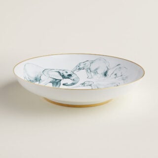 Hermès Carnets d'Equateur Large Deep Round Platter shown on table | Kneen & Co