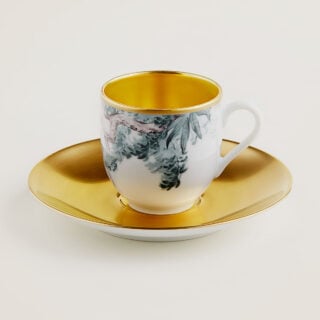 Hermès Carnets d'Equateur Gold Coffee Cup and Saucer | Kneen & Co