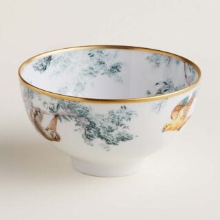 Hermès Carnets d'Equateur Birds Medium Bowl shown on table | Kneen & Co
