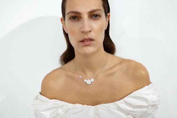 GJ-SS24-DAISY-20001533-1200w-100KB Woman wearing Georg Jensen Daisy Four Flower Necklace in Sterling Silver and White Enamel | Kneen & Co