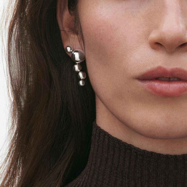 Woman wearing Georg Jensen Moonlight Grapes Earrings in sterling silver | Kneen & Co