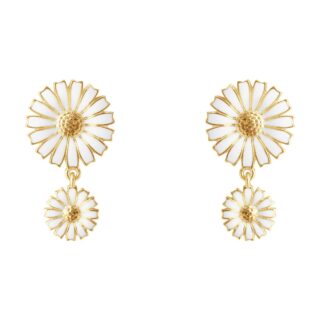 Georg Jensen Daisy Double Earrings in 18 kt yellow gold plated sterling silver and white enamel | Kneen & Co