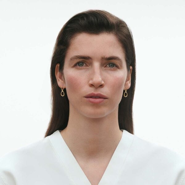 Georg Jensen Offspring Earrings in 18 kt. yellow gold with .05 ct diamonds on model | Kneen & Co