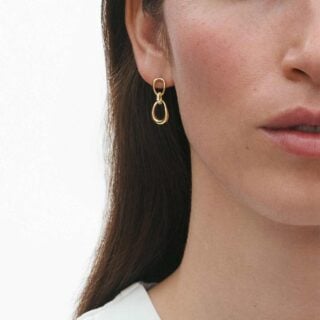 Georg Jensen Offspring Earrings in 18 kt. yellow gold with .05 ct diamonds close up on model | Kneen & Co