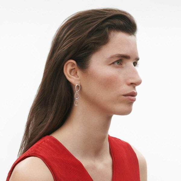 GJ-SS25-ECOM-SHOOT-OFFSPRING-EARRING-20001766-1-1200w-100KB Georg Jensen Offspring Loop Earrings in sterling silver on model in red dress | Kneen & Co