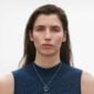 Georg Jensen Offspring Large Pendant Necklace in Sterling Silver shown on model with blue top | Kneen & Co