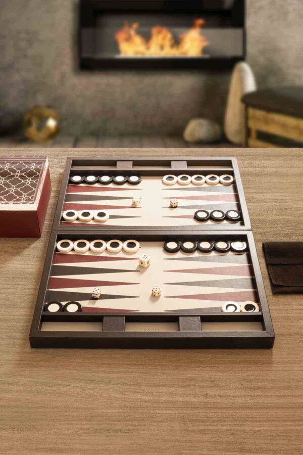 GB-Riviere-GBBG1-TC-Eva-Lines-Backgammon-Case-RV25Moka-OPEN-LIFESTYLE01-1200w-100KB Riviere Eva Lines Leather Backgammon Set | Kneen & Co