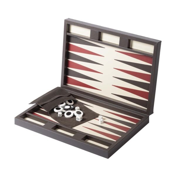 GB-Riviere-GBBG1-TC-Eva-Lines-BackgammonCase-RV25Moka-OPEN-CUTOUT02-1200x1200-100KB Riviere Eva Lines Leather Backgammon Set | Kneen & Co
