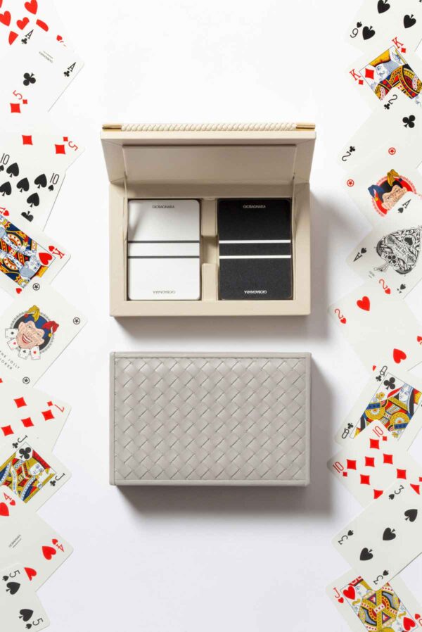 GB-Riviere-GBCD1-SC-GBCD2-INT-Thea-Eva-Handwoven-playing-card-holders-IVORY-GREY-LIFESTYLE01-1200w-100KB Riviere Handwoven Leather Playing Card Set | Kneen & Co