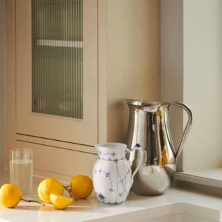 Royal Copenhagen Blue Fluted Plain Jug set on kitchen counter | Kneen & Co