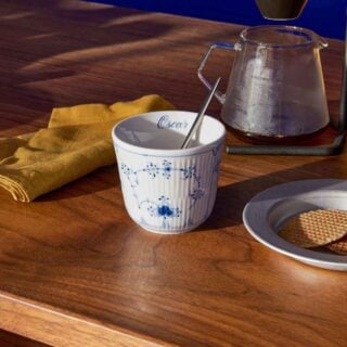 Royal Copenhagen Blue Fluted Plain Thermal Mug set on table Tea Service | Kneen & Co