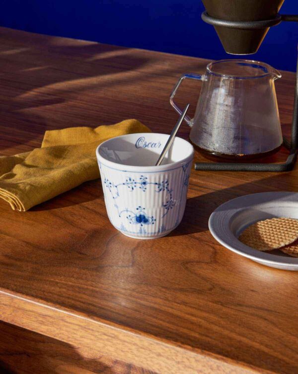 Royal Copenhagen Blue Fluted Plain Thermal Mug set on table Tea Service | Kneen & Co