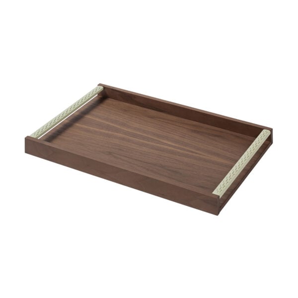 GB-RIVIERE-GV6-P-Dama-Tray-wHandwoven-LeatherHandles-RectangularMEDIUM-RV109CeladonGreen-Walnut-CUTOUT01-1200x1200-100KB Riviere Dama Wood Tray | Kneen & Co