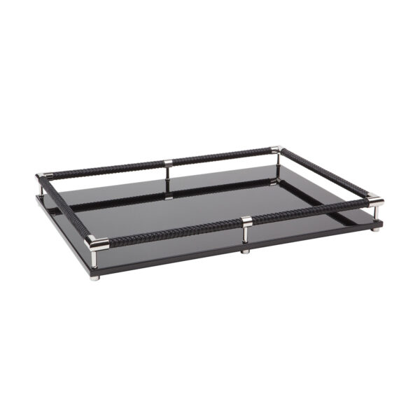 GB-RIVIERE-V-SC-rec-Thea-Lacquer-RectangularTray-HandBraided-LeatherRailing-CHROME-Details-BLK-CUTOUT01-1200x1200-100KB Riviere Thea Lacquer Tray | Kneen & Co