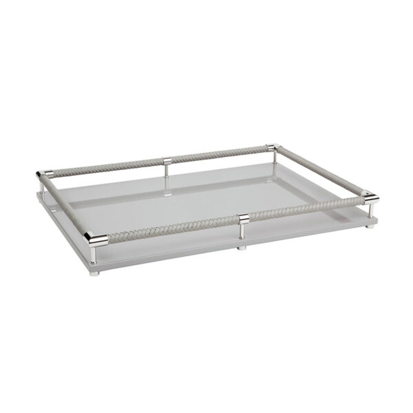GB-RIVIERE-V-SC-rec-Thea-Lacquer-RectangularTray-HandBraided-LeatherRailing-CHROME-Details-GREY-CUTOUT01-1200x1200-100KB Riviere Thea Lacquer Tray | Kneen & Co