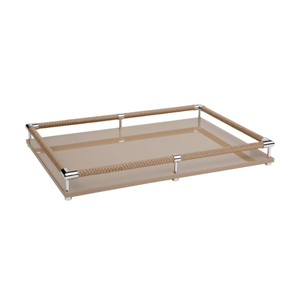 GB-RIVIERE-V-SC-rec-Thea-Lacquer-RectangularTray-HandBraided-LeatherRailing-CHROME-Details-TAUPE-CUTOUT01-1200x1200-100KB Riviere Thea Lacquer Tray | Kneen & Co