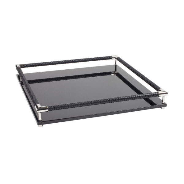 GB-RIVIERE-V-SC-sq-Thea-Lacquer-SQRTray-HandBraided-LeatherRailing-CHROME-Details-BLK-CUTOUT01-1200x1200-100KB Riviere Thea Lacquer Tray | Kneen & Co