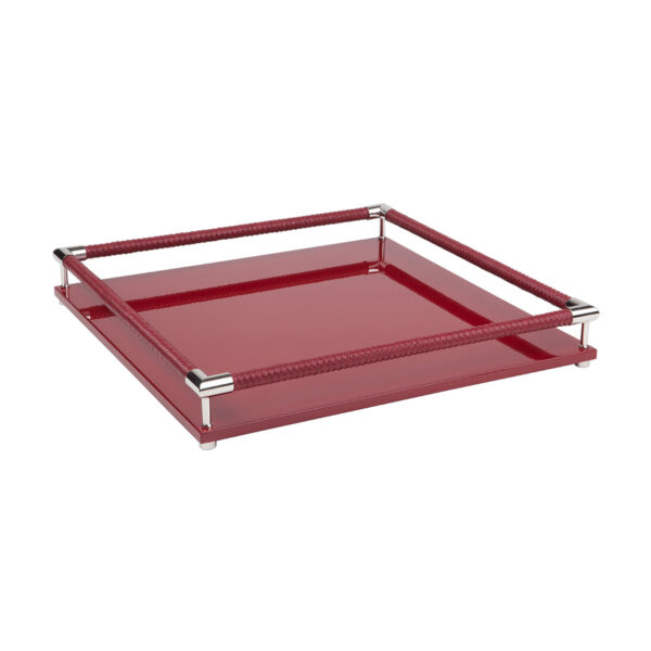GB-RIVIERE-V-SC-sq-Thea-Lacquer-SQRTray-HandBraided-LeatherRailing-CHROME-Details-RED-CUTOUT01-1200x1200-100KB Riviere Thea Lacquer Tray | Kneen & Co