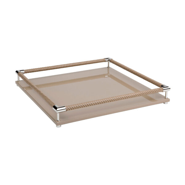 GB-RIVIERE-V-SC-sq-Thea-Lacquer-SQRTray-HandBraided-LeatherRailing-CHROME-Details-TAUPE-CUTOUT01-1200x1200-100KB Riviere Thea Lacquer Tray | Kneen & Co