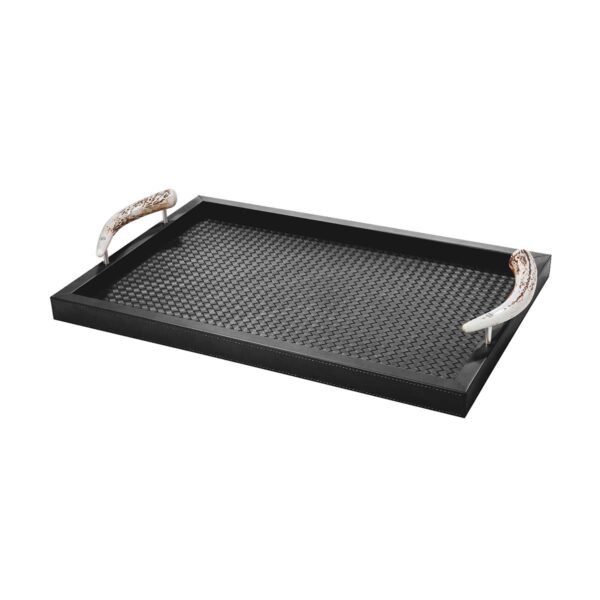 GB-RIVIERE-VG-INT-C-Dafne-Handwoven-RectangularTray-wDEER-HORNHandles-LG-BLK-CUTOUT01-1200x1200-100KB Riviere Dafne Woven Leather Tray | Kneen & Co