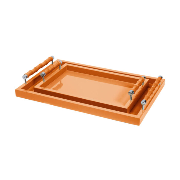 GB-RIVIERE-VGL-BP-VPL-BP-Lea-Lacquer-RectangularTray-wLeatherCovered-Bamboo-HandlesDetail-CHROME-PUMPKIN-LG-SM-CUTOUT01-1200x1200-100KB Riviere Lea Lacquer Tray | Kneen & Co