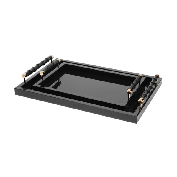 GB-RIVIERE-VGL-BP-VPL-BP-Lea-Lacquer-RectangularTrays-wBamboo-LeatherCovered-Handles-BLK-LG-SM-GOLD-CUTOUT01-1200x1200-100KB Riviere Lea Lacquer Tray | Kneen & Co