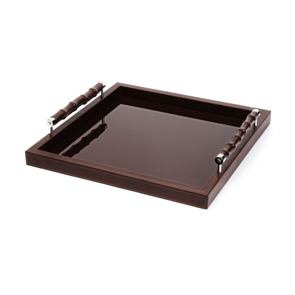 GB-RIVIERE-VGQ-LP-BP-Lea-Lacquer-SQRTray-wBamboo-LeatherCovered-HandlesDetail-CHROME-MOKA-CUTOUT01-1200x1200-100KB Riviere Lea Lacquer Tray | Kneen & Co