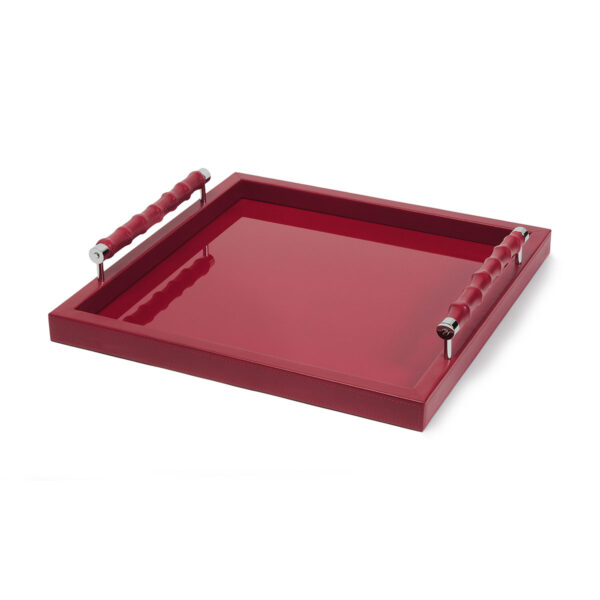 GB-RIVIERE-VGQ-LP-BP-Lea-Lacquer-Square-Tray-wBambooLeatherCovered-HandlesDetail-CHROME-RED-CUTOUT01-1200x1200-100KB Riviere Lea Lacquer Tray | Kneen & Co