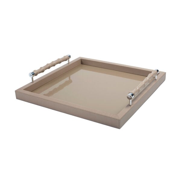 GB-RIVIERE-VGQ-LP-BP-Lea-Lacquer-Square-Tray-wBambooLeatherCovered-HandlesDetail-CHROME-TAUPE-CUTOUT01-1200x1200-100KB Riviere Lea Lacquer Tray | Kneen & Co