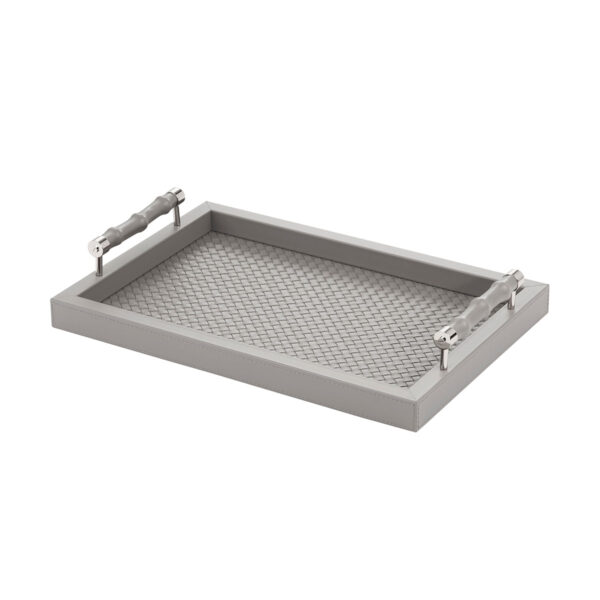 GB-RIVIERE-VP-INT-BP-Lea-Handwoven-RectangularTray-wLeatherCovered-BAMBOO-HandlesDetail-CHROME-SM-GREY-CUTOUT01-1200x1200-100KB Riviere Lea Leather Tray | Kneen & Co