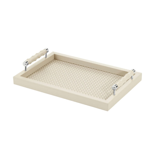 GB-RIVIERE-VP-INT-BP-Lea-Handwoven-RectangularTray-wLeatherCovered-BAMBOO-HandlesDetail-CHROME-SM-IVORY-CUTOUT01-1200x1200-100KB Riviere Lea Leather Tray | Kneen & Co