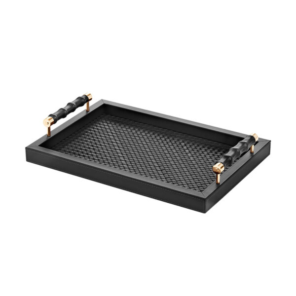 GB-RIVIERE-VP-INT-BP-Lea-Handwoven-RectangularTray-wLeatherCovered-BAMBOO-HandlesDetail-GOLD-SM-BLK-CUTOUT01-1200x1200-100KB Riviere Lea Leather Tray | Kneen & Co