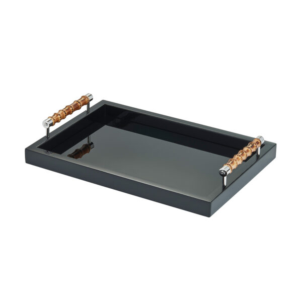 GB-RIVIERE-VPL-B-Frida-Lacquer-RectangularTray-wBamboo-Handles-ChromeDetail-BLK-SM-CUTOUT01-1200x1200-100KB Riviere Frida Leather Tray | Kneen & Co