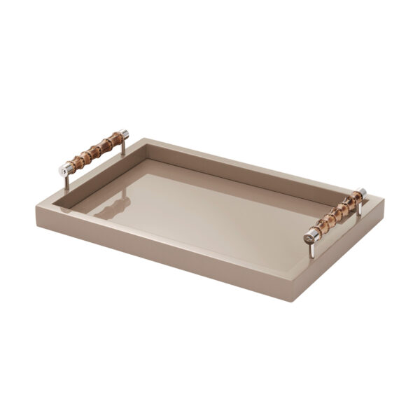 GB-RIVIERE-VPL-B-Frida-Lacquer-RectangularTray-wBamboo-Handles-ChromeDetail-TAUPE-SM-CUTOUT01-1200x1200-100KB Riviere Frida Leather Tray | Kneen & Co