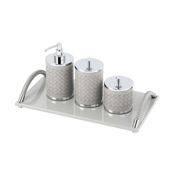 GB-Riviere-BS-SD-INT-BS-LB-INT-BS-SB-INT-VG-AR-L-AlgheroHandwoven-SoapDispnsr-LGBox-SMBox-Dalia-Lacquer-Tray-CHROME-GREY-CUTOUT01-1200x1200-100KB Riviere Alghero Handwoven Leather Bathroom Set | Kneen & Co