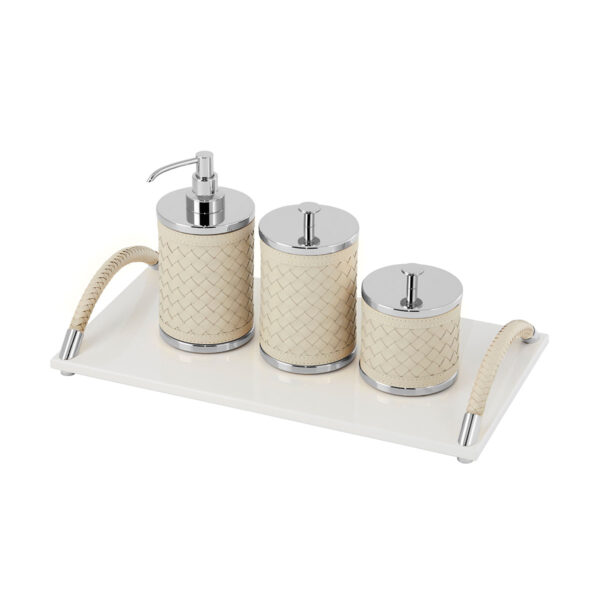 GB-Riviere-BS-SD-INT-BS-LB-INT-BS-SB-INT-VG-AR-L-AlgheroHandwoven-SoapDispnsr-LGBox-SMBox-Dalia-Lacquer-Tray-CHROME-IVORY-CUTOUT01-1200x1200-100KB Riviere Alghero Handwoven Leather Bathroom Set | Kneen & Co