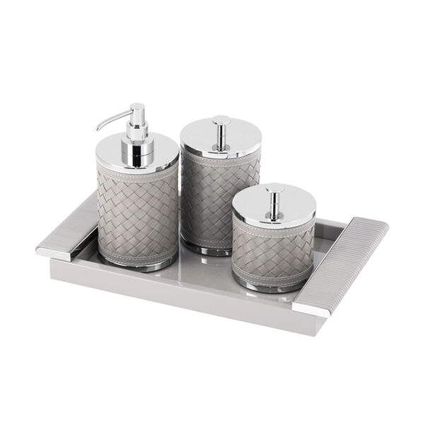 GB-Riviere-BS-SD-INT-BS-LB-INT-BS-SB-INT-VPD-L-AlgheroHandwoven-SoapDispnsr-LGBox-SMBox-Circe-Lacquer-Tray-CHROME-GREY-CUTOUT01-1200x1200-100KB Riviere Alghero Handwoven Leather Bathroom Set | Kneen & Co