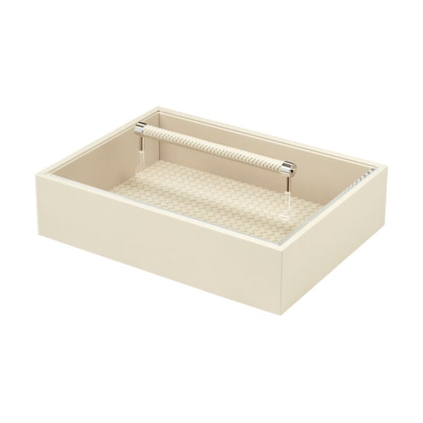 GB-Riviere-S8-INT-P-Diana-HandwovenRectangular-ClosetBox-wLeatherHandle-CHROME-LG-IVORY-CUTOUT01-1200x1200-100KB Riviere Diana Handwoven Leather Closet Box | Kneen & Co