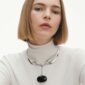 Woman wearing Georg Jensen Vivianna Torun Necklace Silver & Black Agate | Kneen & Co