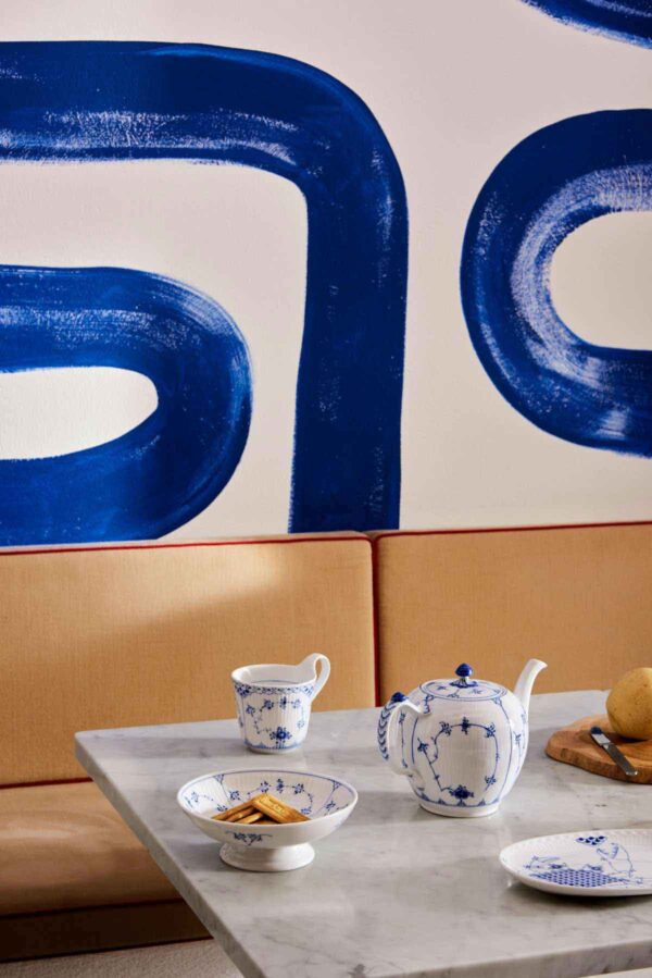 Royal Copenhagen Blue Fluted Plain serveware and tea service set on table | Kneen & Co