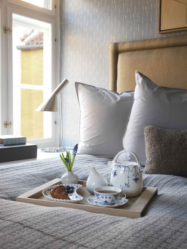 Royal Copenhagen Blue Elements Tea Service set on tray on bed | Kneen & Co