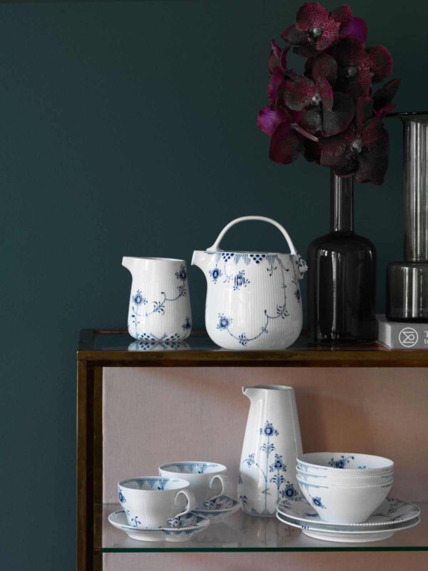 Royal Copenhagen Blue Elements Tea Service set on shelf | Kneen & Co