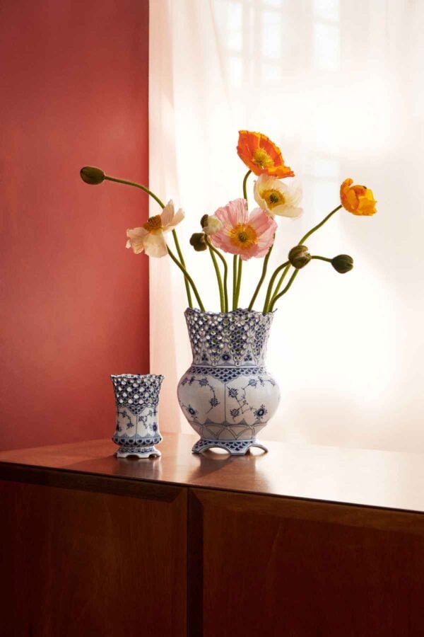 Royal Copenhagen Blue Fluted Full Lace vases with flowers set on ledge | Kneen & Co